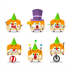Cartoon character of orange cake with various circus shows