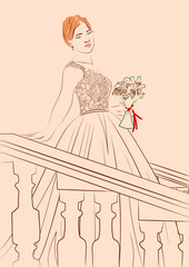 Beige background. Bride with a bouquet of flowers stands at the railing