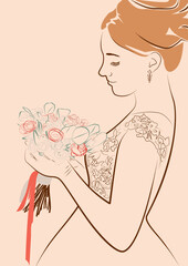 Beautiful bride hand drawn. Woman in a wedding dress. in profile. Line art. 