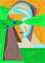 Colorful abstract background, art style cubism, portrait of a girl with burgundy hair