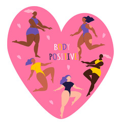 vector illustration on the theme of body positive. Different ethnicity and skin colour women characters in swimwear on the background of the heart. Trendy vector illustration in flat style