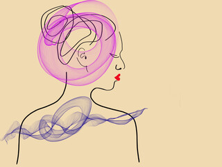 Beige background. Black lines. Silhouette of a girl in profile from the back. The hair is combed high at the back of the head. The lips are bright scarlet.