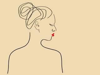 Beige background. Black lines. Silhouette of a girl in profile from the back. The hair is combed high at the back of the head. The lips are bright scarlet.