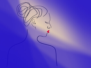Blue background with a beige shade of skylight. Black lines. Silhouette of a girl in profile from the back. The hair is combed high at the back of the head. The lips are bright scarlet.