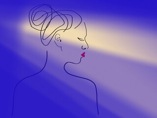 Blue background with a beige shade of skylight. Black lines. Silhouette of a girl in profile from the back. The hair is combed high at the back of the head. The lips are bright scarlet.