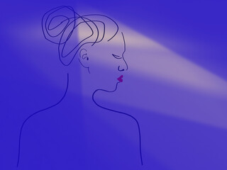 Blue background with a beige shade of skylight. Black lines. Silhouette of a girl in profile from the back. The hair is combed high at the back of the head. The lips are bright scarlet.