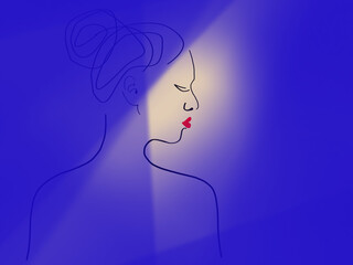 Blue background with a beige shade of skylight. Black lines. Silhouette of a girl in profile from the back. The hair is combed high at the back of the head. The lips are bright scarlet.