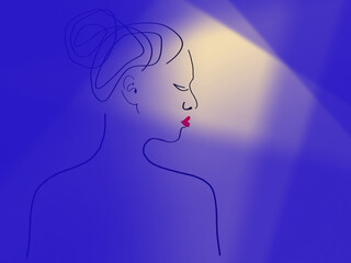 Blue background with a beige shade of skylight. Black lines. Silhouette of a girl in profile from the back. The hair is combed high at the back of the head. The lips are bright scarlet.