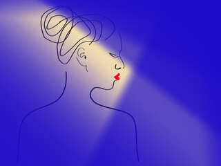 Blue background with a beige shade of skylight. Black lines. Silhouette of a girl in profile from the back. The hair is combed high at the back of the head. The lips are bright scarlet.