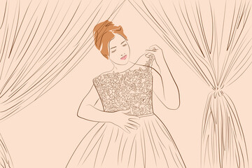 Beige background. Bride trying on a wedding dress  