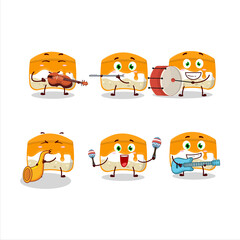 Cartoon character of orange cake playing some musical instruments