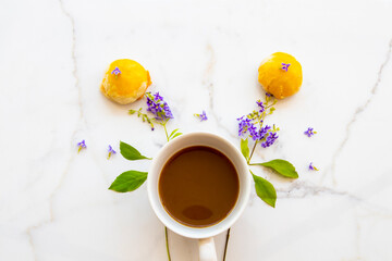 hot coffee with dessert snack of lifestyle arrangement flat lay style on background white 