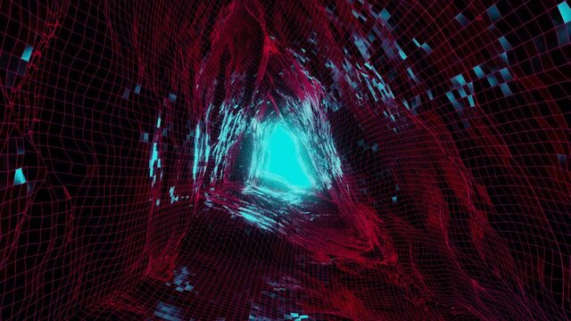 Abstract vintage retro polygons in seamless tunnel loop. 3D render animation, vitage synthwave background for DJ, VJ and music festivales. Retro futurism with neon lights
