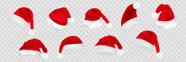 Big set of realistic Santa Hats isolated on transparent background. Vector santa claus hat colllection, holiday cap to xmas illustration