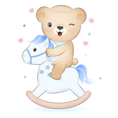 Teddy Bear riding rocking horse hand drawn illustration