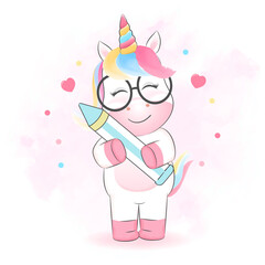 Cute little unicorn and pencil hand drawn illustration