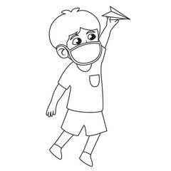 Children illustration,boy play and throwing paper plane in the class.Using mask and healthy protocol.kids coloring page illustration.