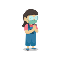 Girl Characters Wearing Face Masks Waiting to Be Vaccinated. Children s Book. Vector
