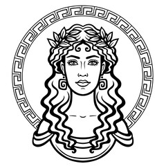 Naklejka na ściany i meble Linear portrait of the young Greek woman with a traditional hairstyle. Decorative circle. Vector illustration isolated on a white background.