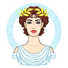 Animation portrait of the young beautiful Greek woman in ancient clothes in a laurel wreath. Decorative circle. The vector illustration isolated on a white background.