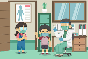 Doctors and Children Wear Face Masks During The Vaccination Process in Doctor s Room. Children s Book Illustration. Vector.