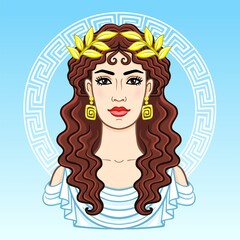 Animation portrait of the young beautiful Greek woman in ancient clothes in a laurel wreath. Decorative circle. The vector illustration isolated on a blue background.