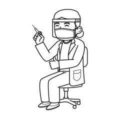 Doctors Character Wear Face Masks Doing The Vaccination Process. Coloring Book Illustration. Vector Illustration.