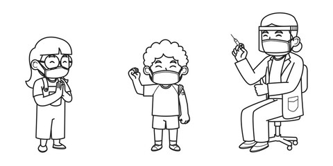 Doctors and Children Character Wear Face Masks During The Vaccination Process. Coloring Book Illustration. Vector Illustration.