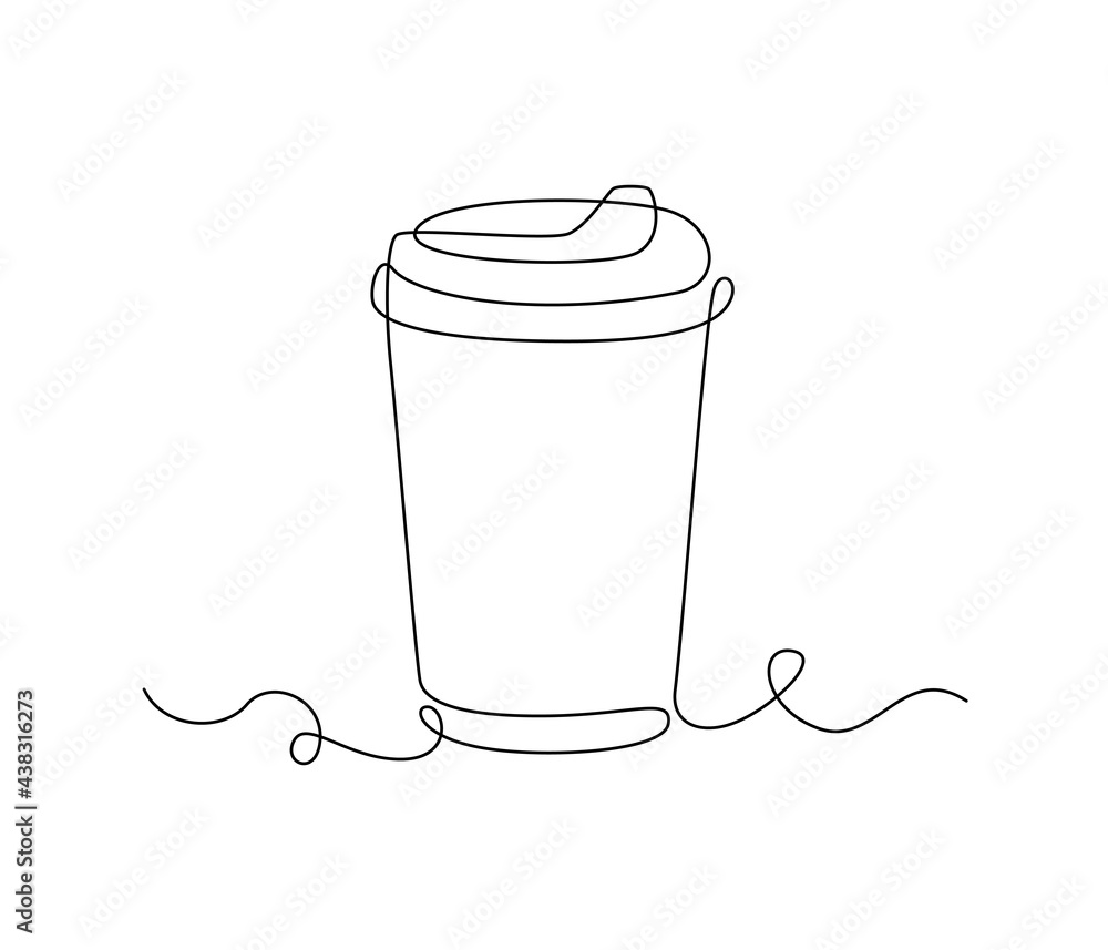 Poster paper cup of hot coffee in one continuous line drawing. concept of drink to go in lineart style. edi