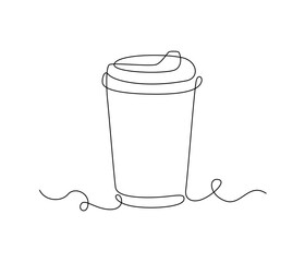 Paper cup of hot coffee in one Continuous line drawing. Concept of drink to go in lineart style. Editable stroke. Vector illustration
