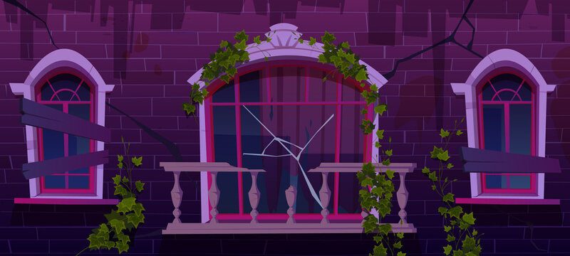 Ivy on antique abandoned building facade, vines with green leaves climbing at boarded up windows and broken marble balcony railing. Night house exterior with cracked wall Cartoon vector illustration