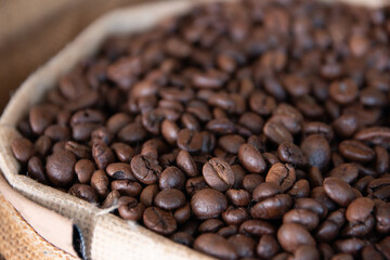 The rattan bag of roasted coffee beans
