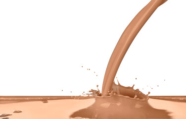 Pouring of cocoa drink on white background