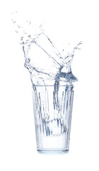 Glass of water with splash on white background