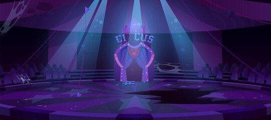 Old circus arena at night, abandoned round stage for performance, carnival show. Vector cartoon empty interior inside of vintage cirque tent with dirty scene, broken decoration and hole in floor © klyaksun