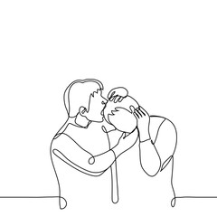 man bites another's head - one line drawing. the concept of the game, friendly fight, annoyance with someone else's stupidity