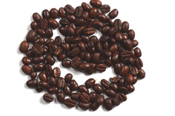 smiley face form by coffee beans isolated on white background