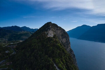 Catholic Church Eremo di Montecastello. Lake Garda, Italy. Aerial view of the church on the mountain. Top view of the Eremo di Montecastello church. Aerial panorama of Montecastello.
