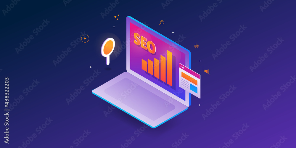 Aufkleber isometric seo concept. laptop screen displaying seo web traffic data and insights, with magnifying g