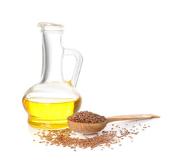 Decanter with flax oil and seeds on white background