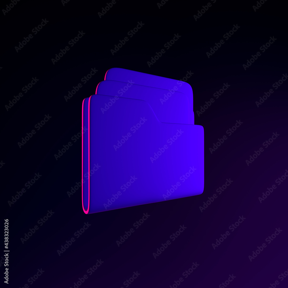 Poster neon folder icon with documents. 3d rendering interface ui ux element. dark glowing symbol.
