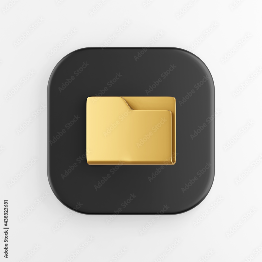 Poster the golden folder icon. 3d rendering black square button, interface ui ux element.