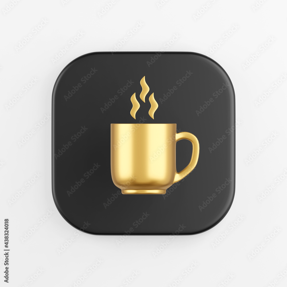 Poster icon gold mug and waves of steam, coffee break. 3d rendering black square key button, interface ui u