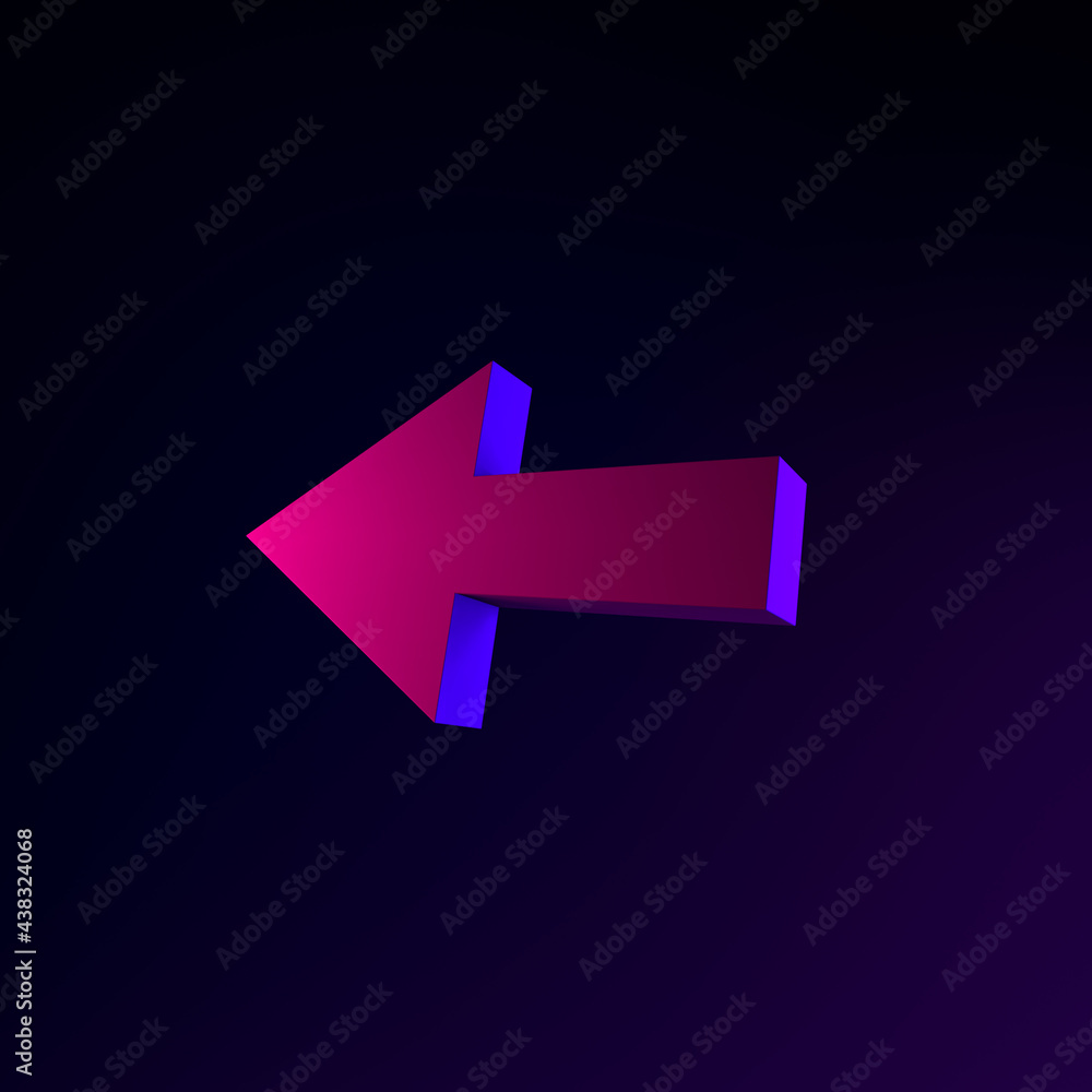 Poster left arrow neon icon. 3d rendering ui ux interface element. dark glowing symbol.