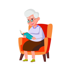 happy elderly lady sitting in living room armchair and reading interesting book cartoon vector. happy elderly lady sitting in living room armchair and reading interesting book character. isolated flat