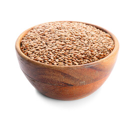 Bowl with flax seeds on white background