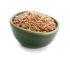 Bowl with flax seeds on white background