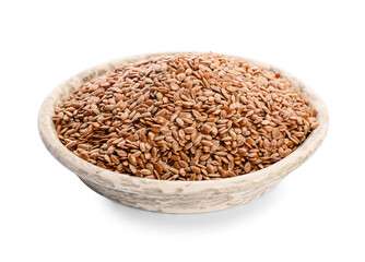 Plate with flax seeds on white background