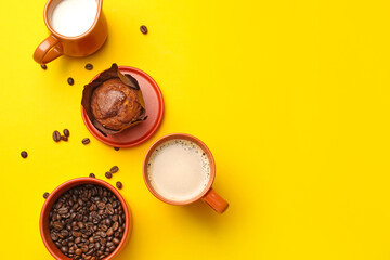 Composition with cup of coffee and muffin on color background