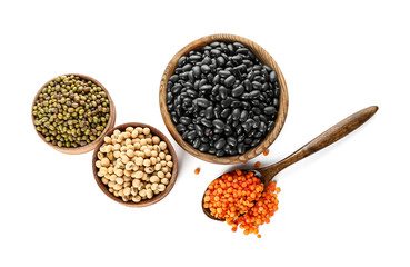 Bowls with different legumes on white background